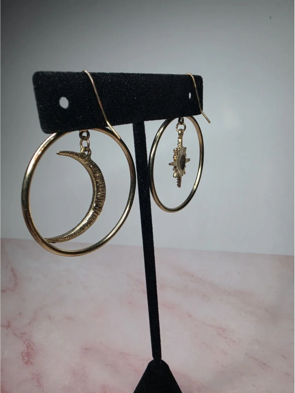 Celestial Gold Hoop Earrings Sunburst Star & Crescent Moon Rhinestone